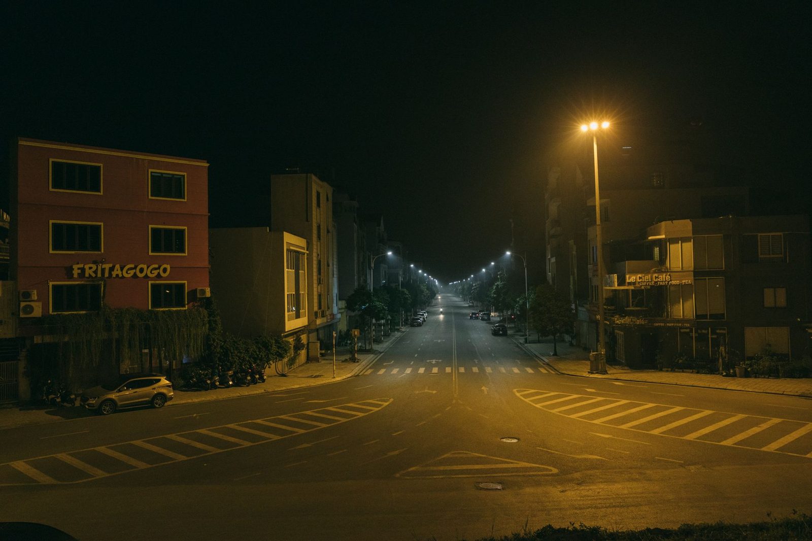Empty city street at night